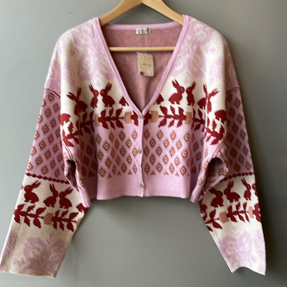 Free People Snow Bunny Crop Sweater Pajama Lounge Set Candy Combo Pink NWT - Picture 2 of 11